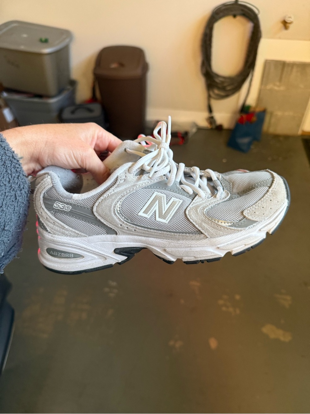 New Balance light gray and white 530 athletic sneaker